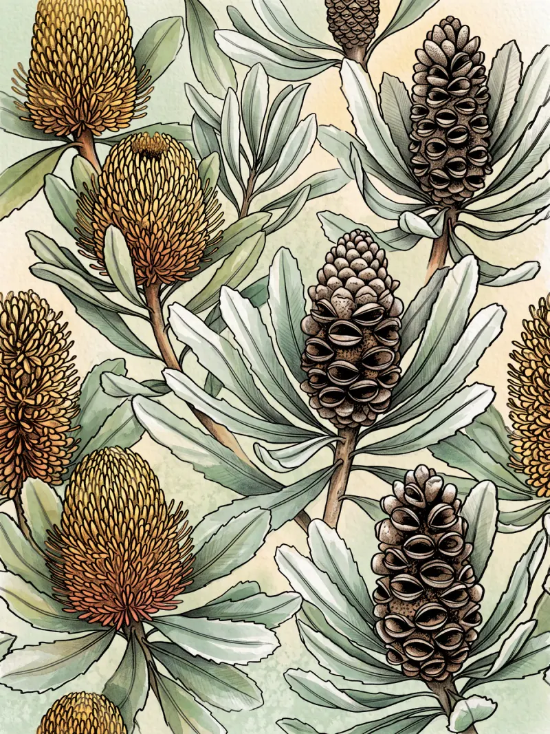 The banksia sketch page with a watercolor-style wash under its pencil lines: gold and ochre flower spikes, brown seed cones and gray-green leaves.