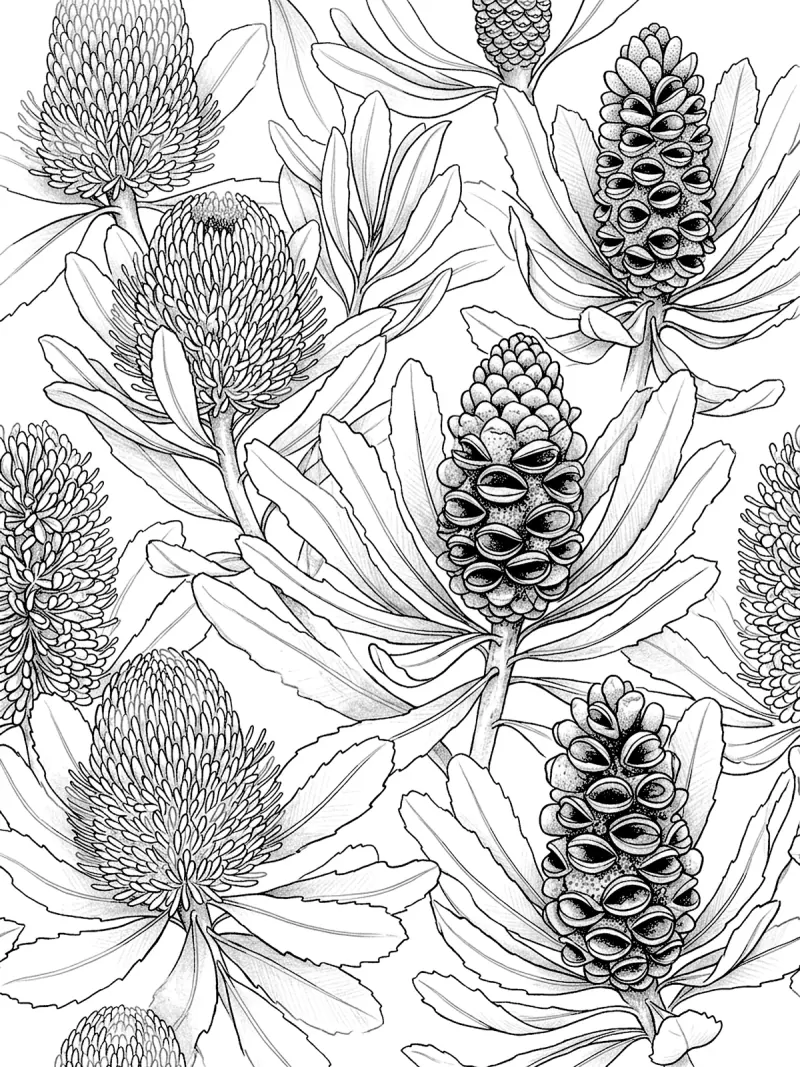Banksia flowers drawn in graphite-style stippling