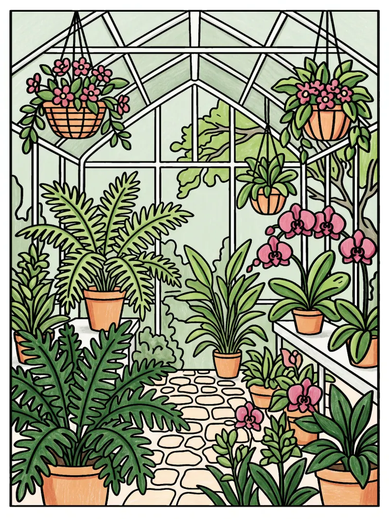 The greenhouse page in a colored-pencil style with simple shading: plain greens, rose orchids and apricot pots, pale glass above.