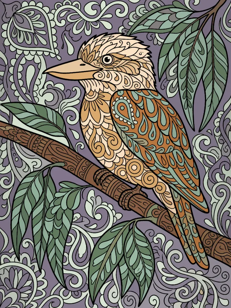 The pattern-art kookaburra filled with flat colour, one colour to a shape