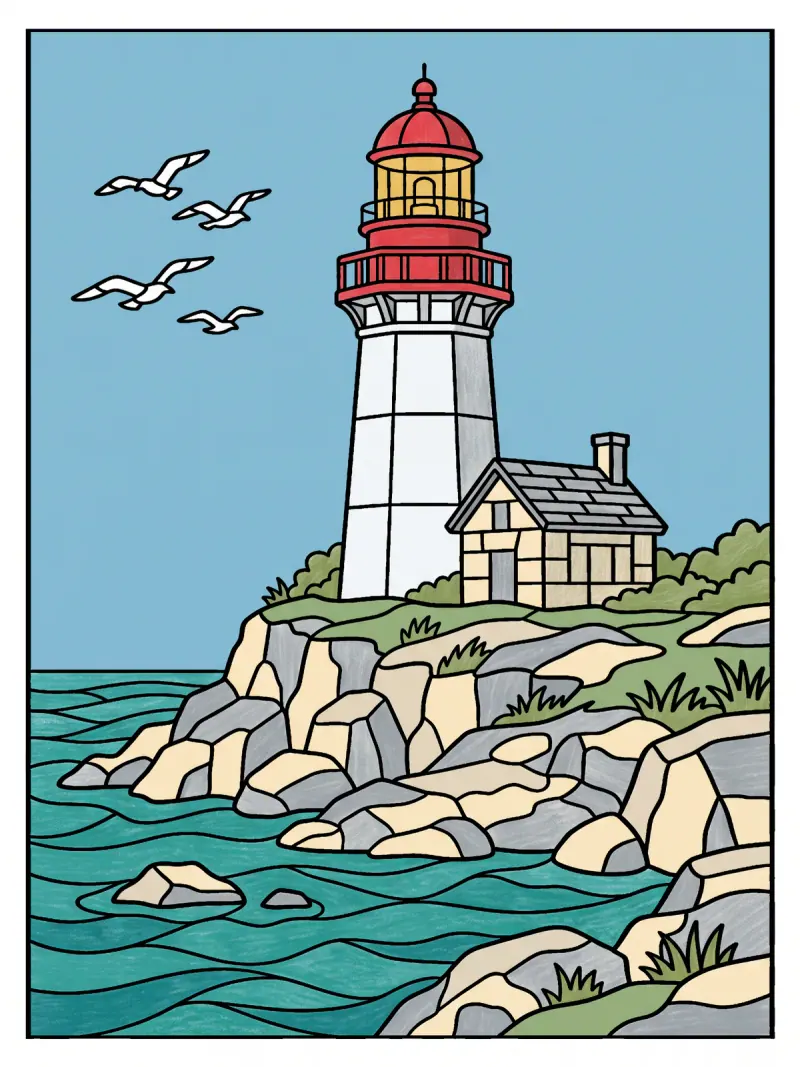 The lighthouse page in a coloured-pencil style with simple shading
