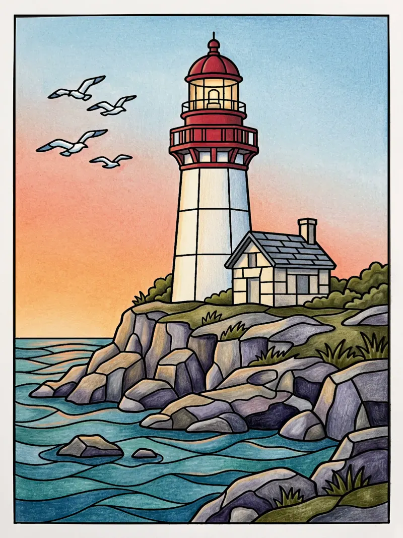 The lighthouse page at golden hour, layered in a coloured-pencil style