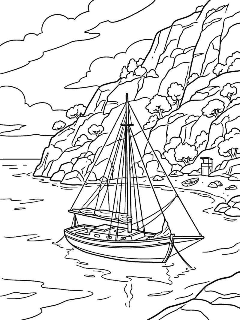 A sailing boat in comic-style line art