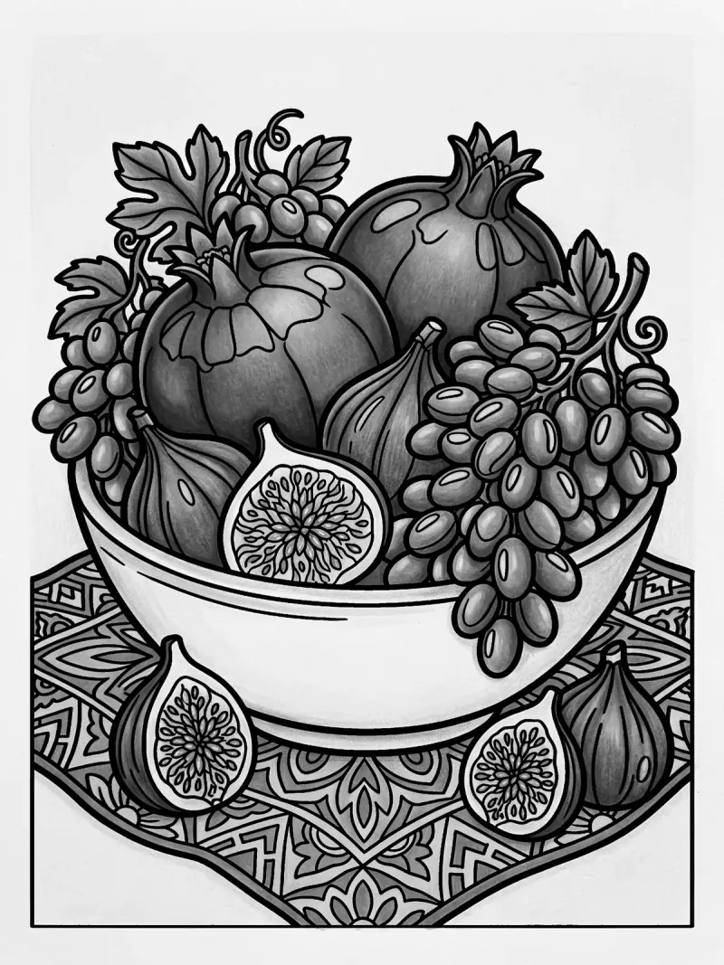 The five-colour still life in greyscale: dark fruit, a pale bowl and a quieter cloth