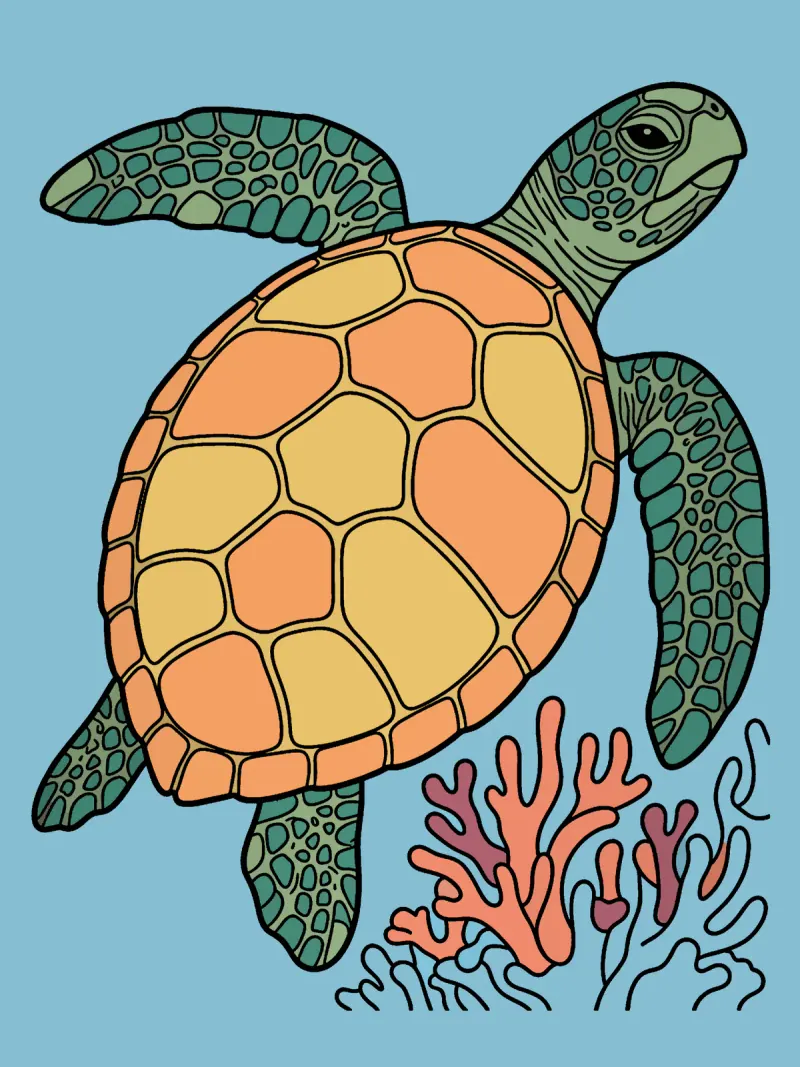 The sea turtle page filled with flat color, one color to a shape: mustard and apricot shell plates, olive flippers, coral branches on blue.