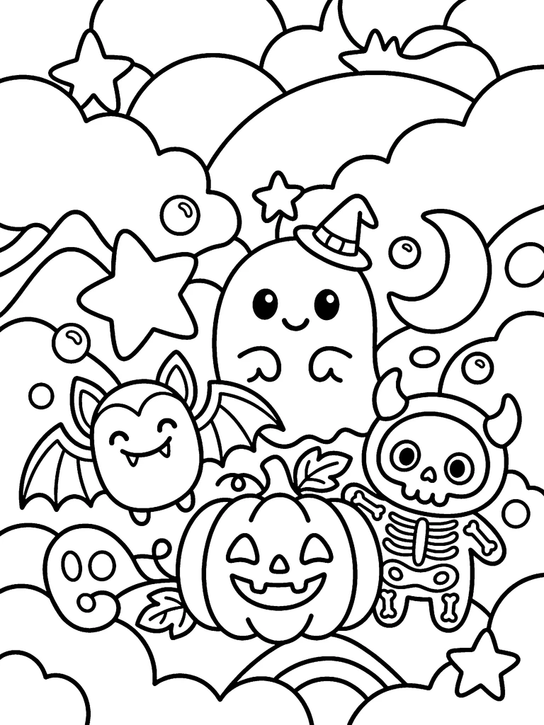 Whimsical halloween monsters colouring page: the line art