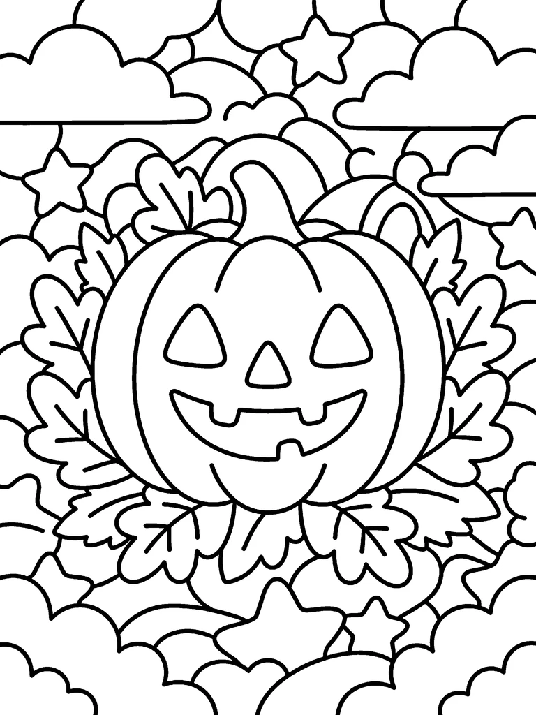 A friendly jack-o’-lantern with a simple grin, surrounded by big leaves colouring page: the line art