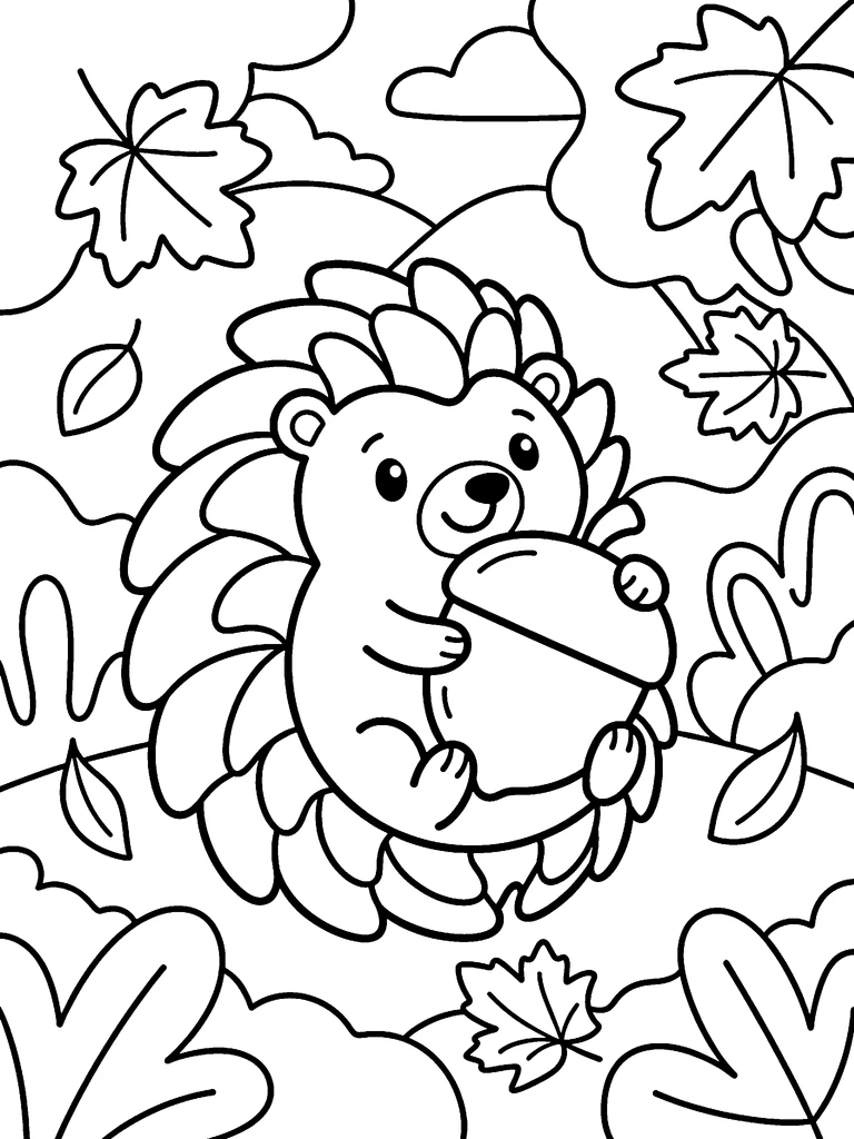 A round hedgehog hugging an acorn, with maple leaves colouring page: the line art