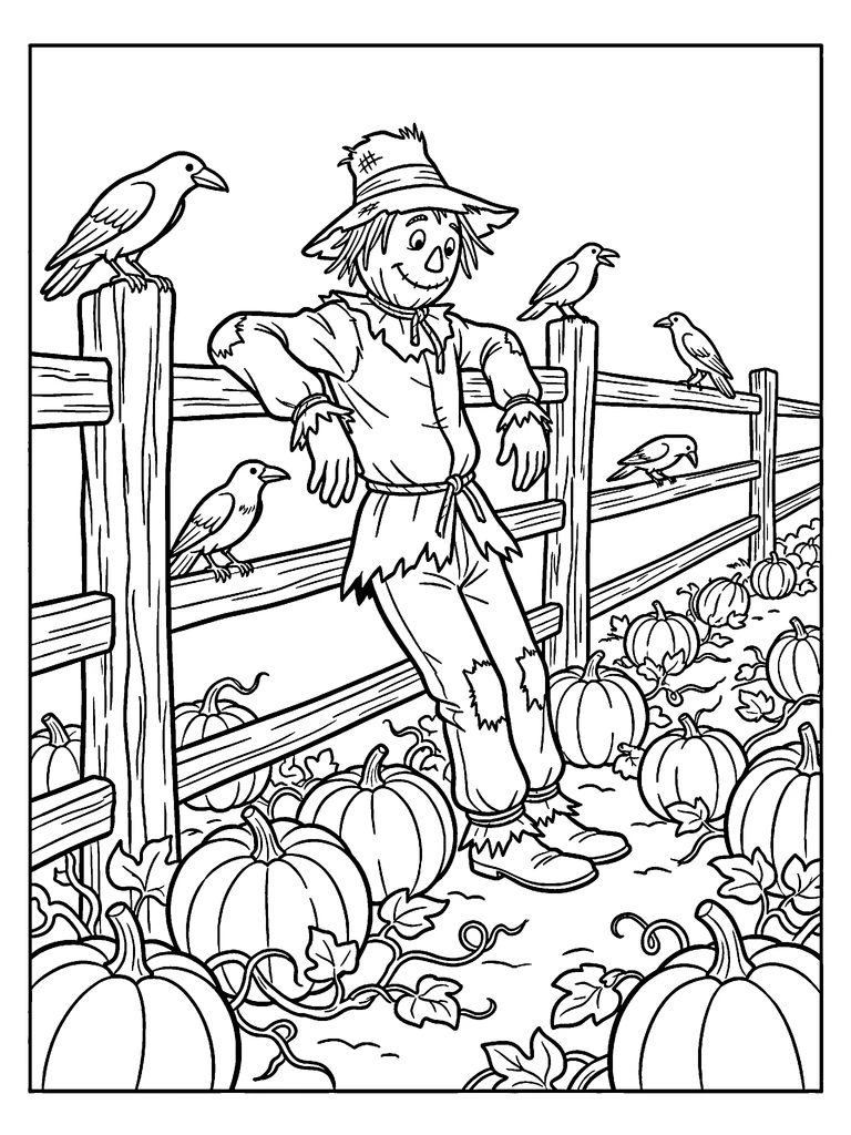 A scarecrow in a pumpkin patch colouring page: the line art