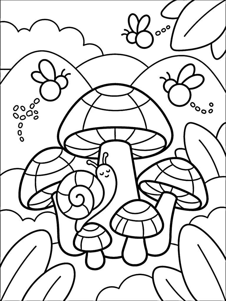 A cluster of toadstools with a snail and fireflies colouring page: the line art