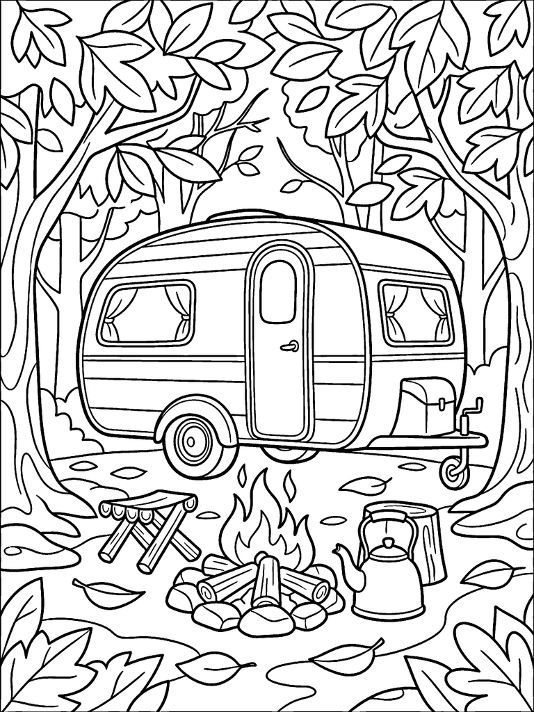 A vintage caravan parked among autumn trees with a campfire and a kettle colouring page: the line art