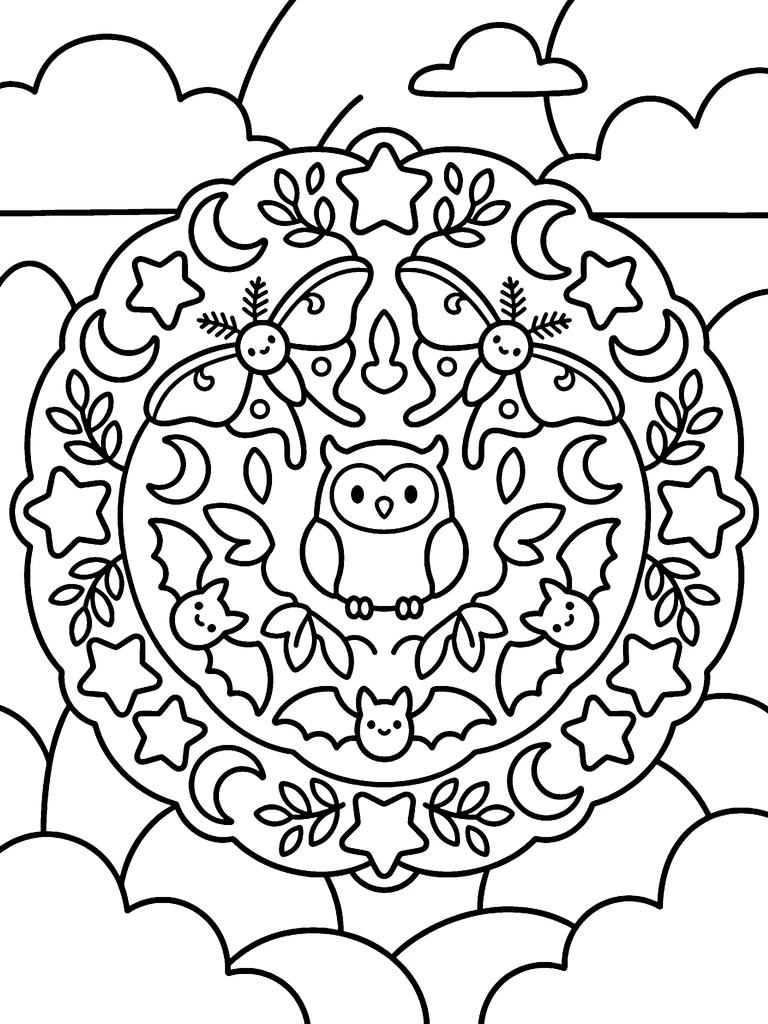 A moon-and-moths mandala, with a crescent moon, luna moths, bats, stars and a horned owl at the centre colouring page: the line art