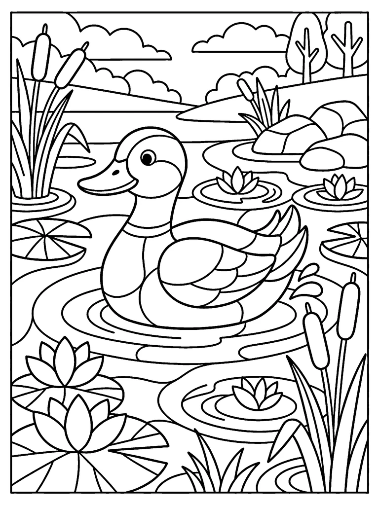 A duck pond coloring page: the line art