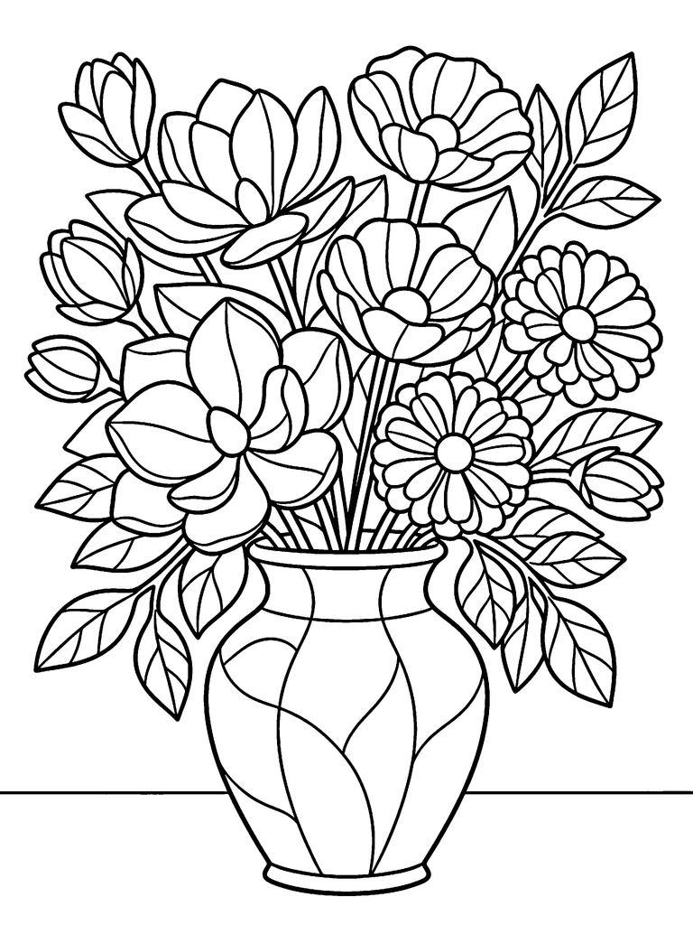 A flower vase colouring page: the line art