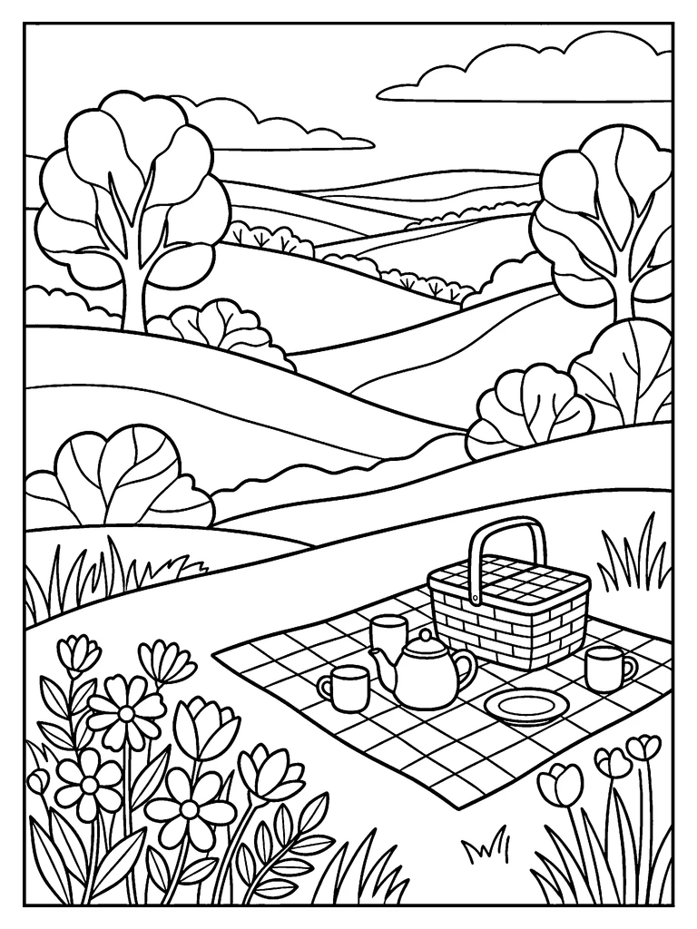 Spring picnic coloring page: the line art