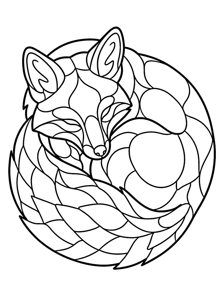 Sleeping fox coloring page: the line art, a red fox curled up asleep with its tail wrapped around it