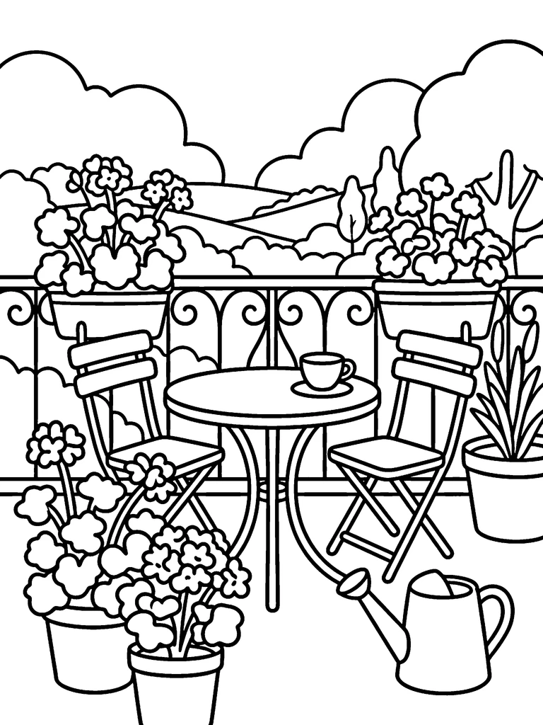 The sunny balcony colouring page: the line art, a sunny balcony with a bistro table, potted geraniums and a watering can