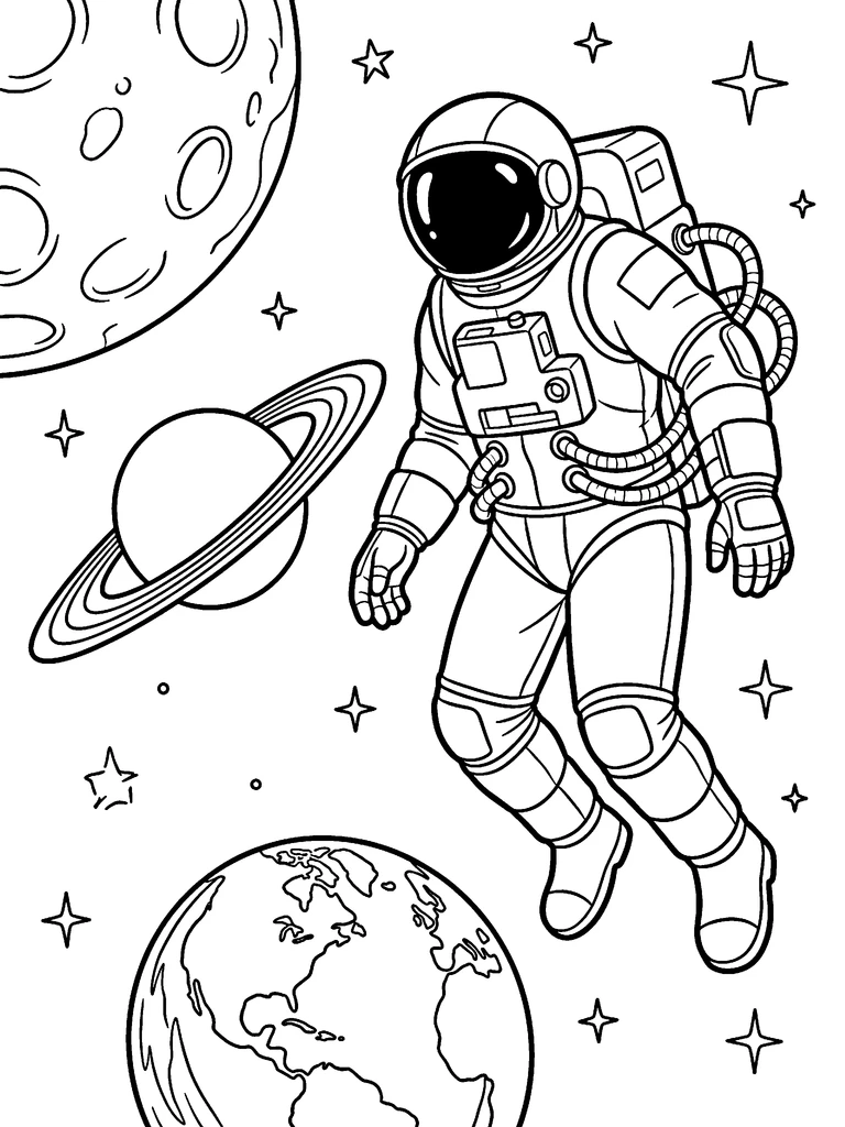 Spacewalk colouring page: the line art, an astronaut in a full spacesuit, visor down, floating beside a small ringed planet