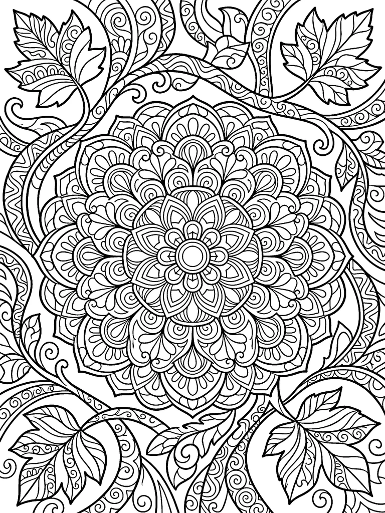 Autumn coloring page: the line art, Autumn mandala with vines and autumn leaves